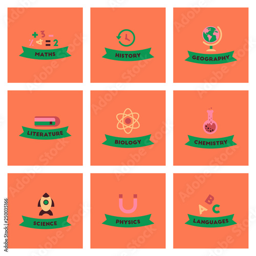 assembly flat icons rocket geography physics science languages history math biology chemistry lesson