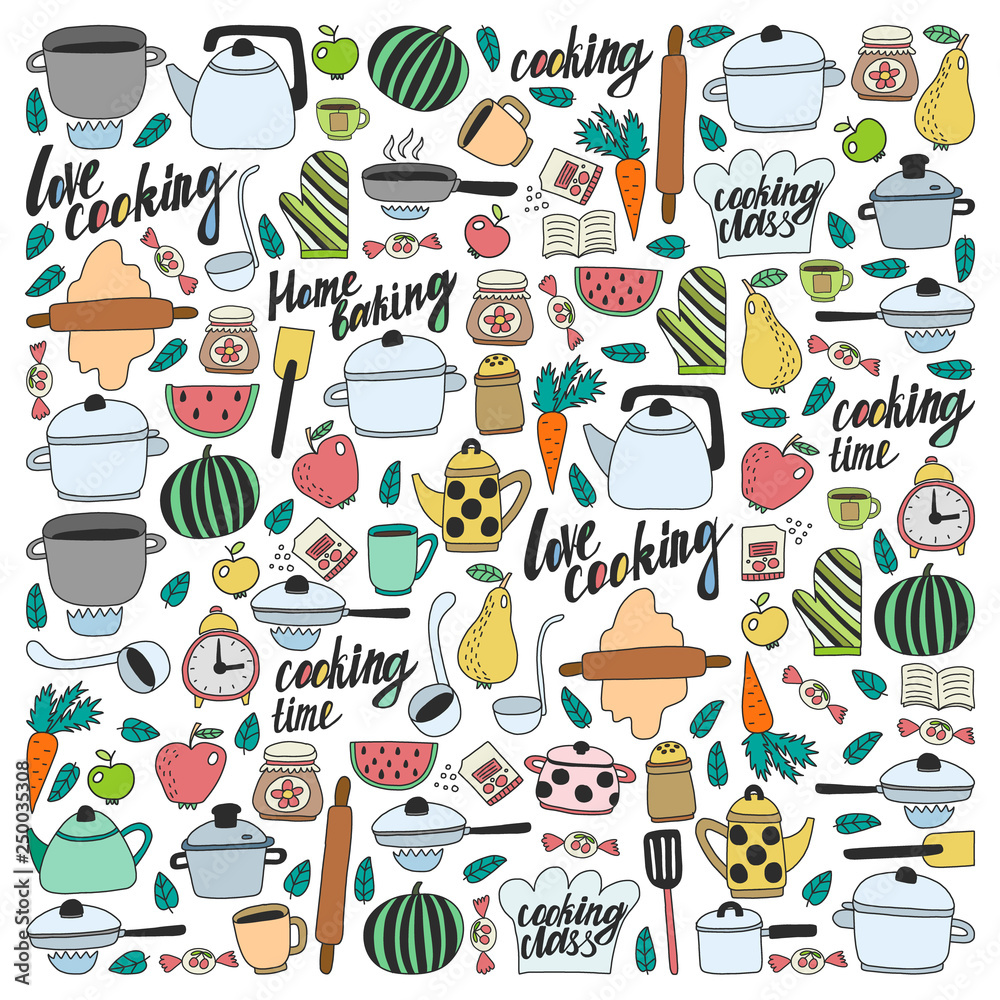 Vector set of children's kitchen and cooking drawings icons in doodle style. Painted, colorful, pictures on a piece of paper on white background. Vector set of children's kitchen and cooking drawings icons in doodle style. Painted, colorful, pictures on a piece of paper on white background.