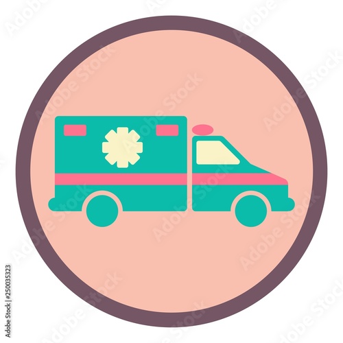 Ambulance car vector flate icon in a round frame 