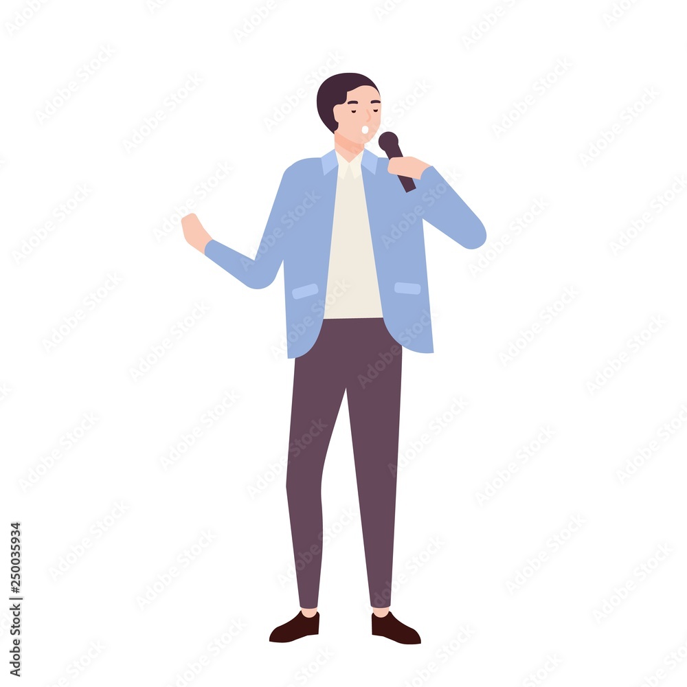 Man singer, jazz, soul or blues vocalist wearing elegant suit and singing ballad in microphone Man singer, jazz, soul or blues vocalist wearing elegant suit and singing ballad in microphone
