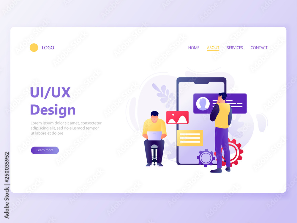 Landing web page template of Mobile App Development. People design mobile app near big smartphone. UI UX design. Modern flat concept vector illustration.