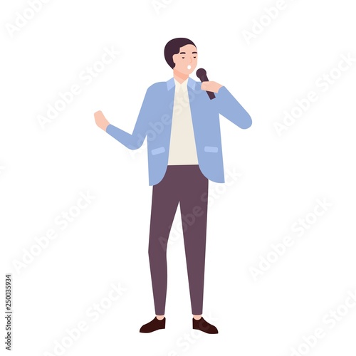 Man singer, jazz, soul or blues vocalist wearing elegant suit and singing ballad in microphone