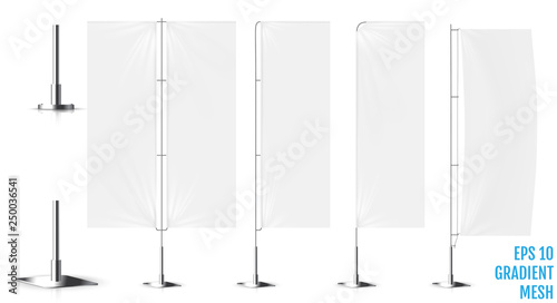 Realistic white banner flags 3d mockup. Textile waving advertisement banner flags.