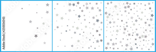 Silver glitter falling stars. Silver sparkle star on white background. Vector template for New year, Christmas, birthday, party, wedding, card, invitation, flyer, voucher, web, header.