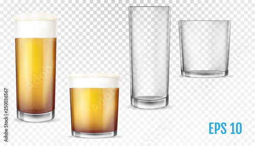 Beer glasses. Empty and full transparent cup.