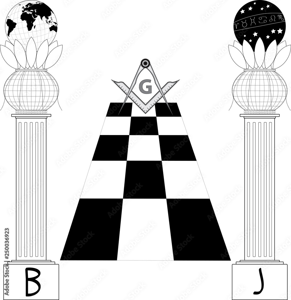 Foto de Masonic symbol B,J pillars and tessellated floor do Stock