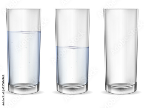 Realistic empty glass with water cup set.