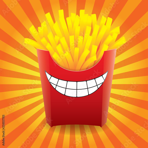 Funny French fries on striped background. Vector image.