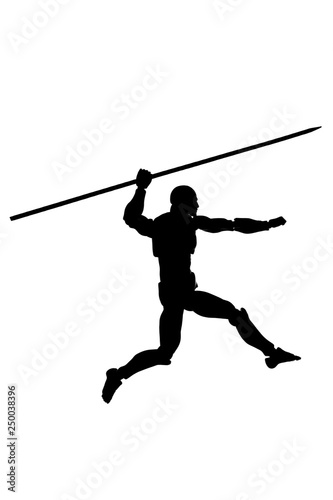 Silhouette of a running man with a spear on a white background
