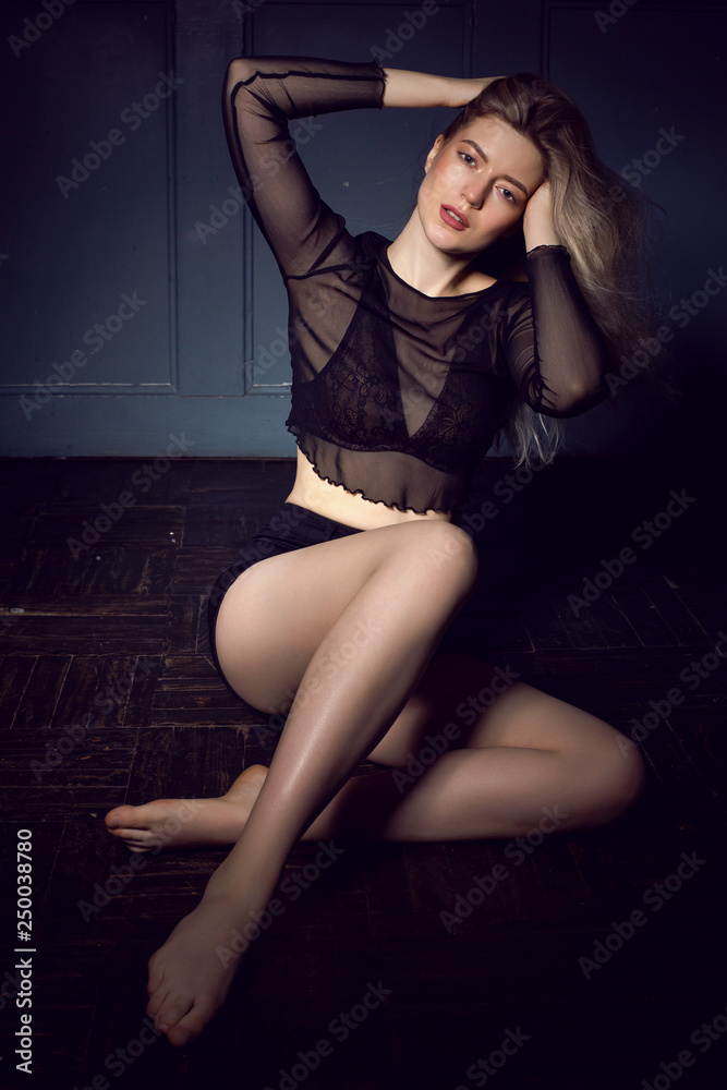 fashionable young sexy woman in black underwear and shorts fashionable young sexy woman in black underwear and shorts