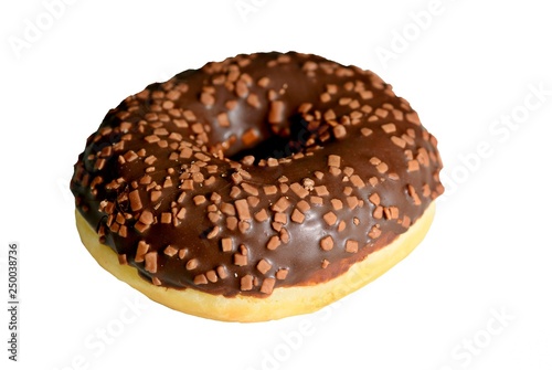 Closeup of one doughnut with chocolate glaze isolated on a white background.