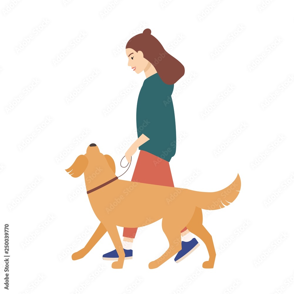Cute funny young woman dressed in casual clothes walking dog on leash. Lovely  girl performing recreational activity with her pet or domestic animal.  Colored vector illustration in flat cartoon style. Stock Vector |