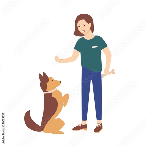 Adorable young woman dressed in casual clothes holding treat and training her dog to obey commands. Cute girl teaching her pet or domestic animal. Colorful vector illustration in flat cartoon style.