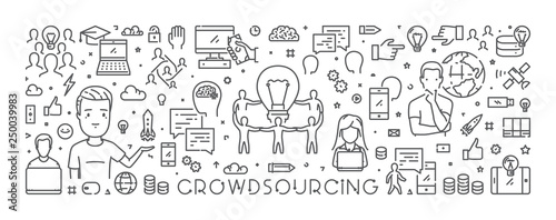 Vector line web banner for crowdsourcing. Modern linear concept for crowdfunding. Open path.