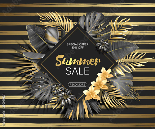 Sale. Rhombus summer sale tropical leaves frame on striped backdrop. Tropical flowers, leaves and plants background. Gold and black