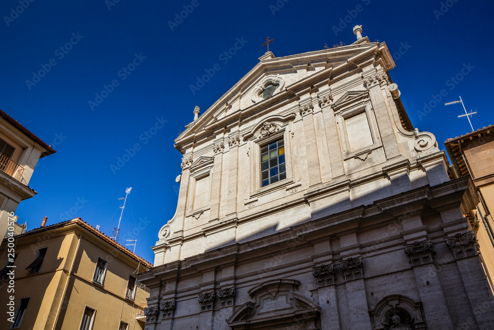 The Church of the Gesù (Giovanni De Rosis, 1597). Niches on the facade with statues by Pietro da Cortona. Inside the false dome painted by Andrea Pozzo. Frascati, Rome, Lazio, Italy, Castelli Romani.