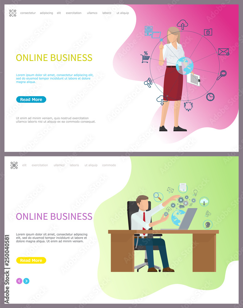 Online business of company, businesswoman and globe vector. Person sitting in office workplace interacting with digital world. Access to world data. Website or webpage template landing page in flat Online business of company, businesswoman and globe vector. Person sitting in office workplace interacting with digital world. Access to world data. Website or webpage template landing page in flat