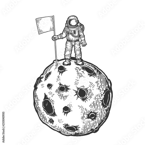 Astronaut spaceman with flag on planet with impact craters sketch engraving vector illustration. Scratch board style imitation. Black and white hand drawn image.