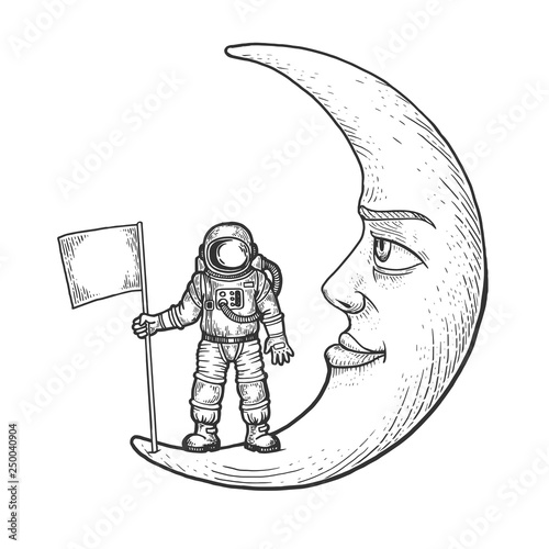 Astronaut spaceman with flag on cartoon moon with face sketch engraving vector illustration. Scratch board style imitation. Black and white hand drawn image.