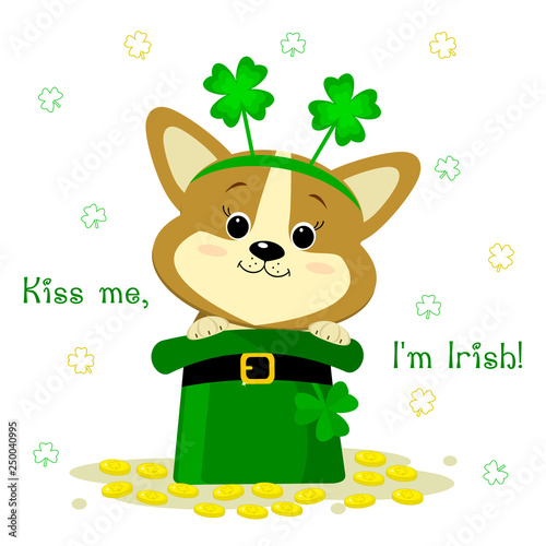 St.Patrick s Day. A cute corgi dog with a rim with clover, sits in a green hat of a leprechaun, golden coins. Cartoon style, flat design. Vector illustration