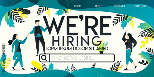we're hiring vector illustration concept, man who is helping a woman ride on a job search engine with we're hiring word , can use for, landing page, template, ui, web
