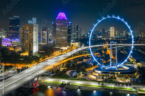 Flyer of Singapore - Wonderwheel of Singapore at night. Drone shoot of night skyline (Dji Mavic Pro 2)