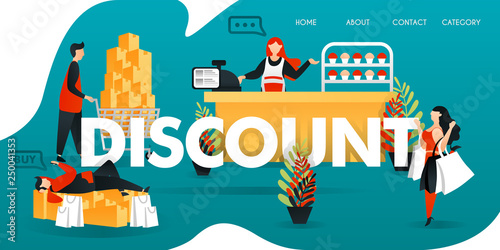 flat cartoon character. vector illustration for business and marketing. people who shop too much for getting "DISCOUNT".salespeople who maintain cashier and serve customer with friendly and patience