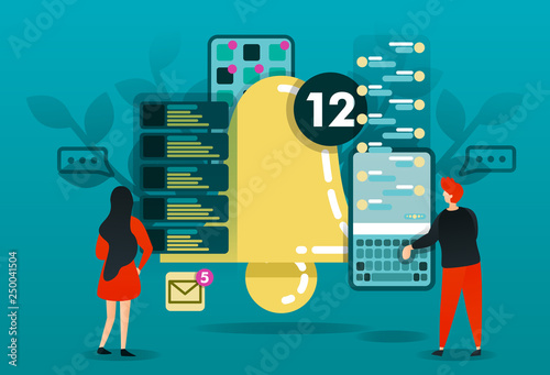 flat cartoon character. vector illustration for technology, warnings, notifications, alert, schedule, message. people who reading chart and notice. big bell with smartphone app. new chat interface