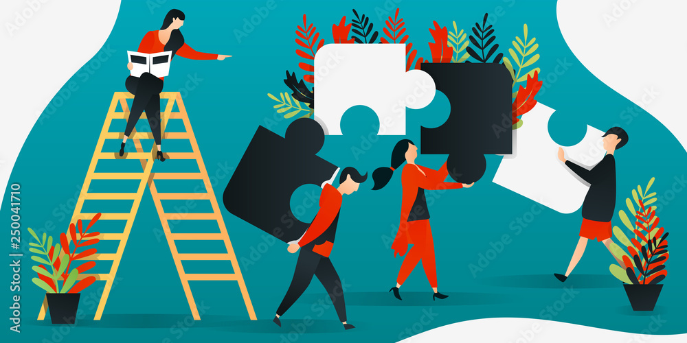 flat cartoon character. vector illustration for construction, leadership,  teamwork, business. people putting together puzzle, people putting together  puzzles. describe cooperation and build together Stock Vector | Adobe Stock
