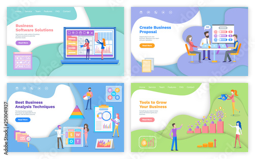 Analysis techniques and business growth tools, software solutions and proposal vector. Peoples with device for business. Laptop with graphics and charts, website template, landing page