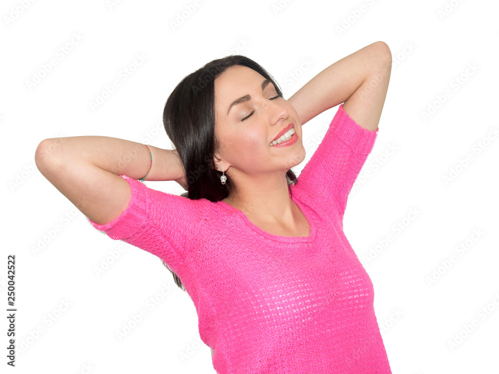 Fototapeta premium Photo of pretty brunette woman exclaims and gestures actively, expresses her great delight and surprisement, wears pink sweater, isolated on white background