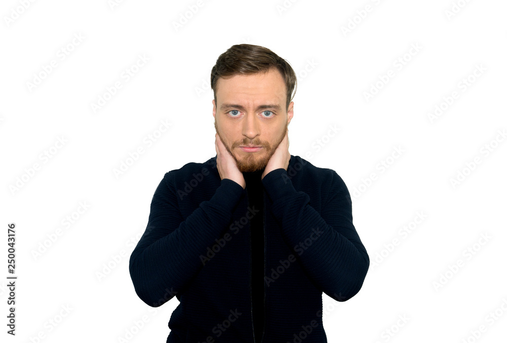 Portrait stressed, unhappy young man with bad neck pain, isolated on white wall background. Negative human emotion facial expression Portrait stressed, unhappy young man with bad neck pain, isolated on white wall background. Negative human emotion facial expression