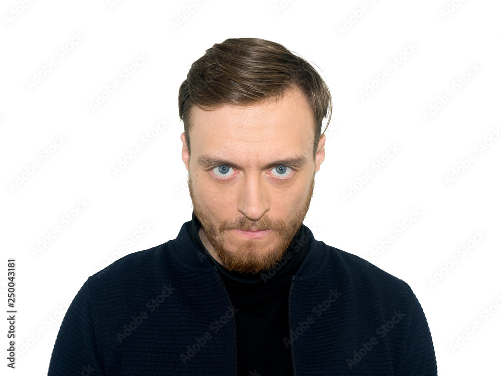 portrait of angry young man, isolated on white wall background. Negative human emotions facial expression feelings attitude. portrait of angry young man, isolated on white wall background. Negative human emotions facial expression feelings attitude.