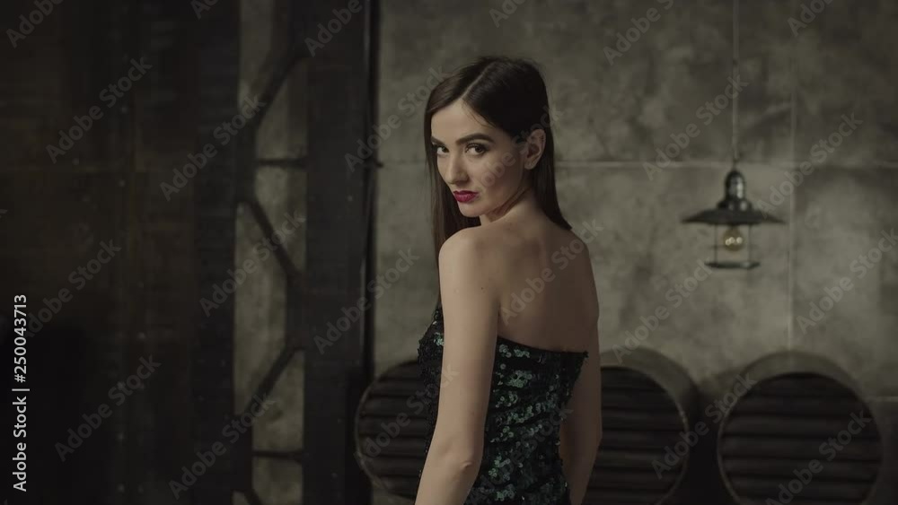 Stunning long brown hair woman in trendy dress looking back over shoulder and winking, expressing mystery, temptation and desire. Fatal beauty female looking vamp and enigmatic while flirting indoors. Stunning long brown hair woman in trendy dress looking back over shoulder and winking, expressing mystery, temptation and desire. Fatal beauty female looking vamp and enigmatic while flirting indoors.