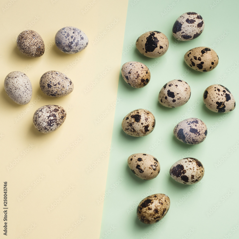 heap of quail eggs on yellow and green background. Vegetarian organic eco food. Top view. flatlay heap of quail eggs on yellow and green background. Vegetarian organic eco food. Top view. flatlay