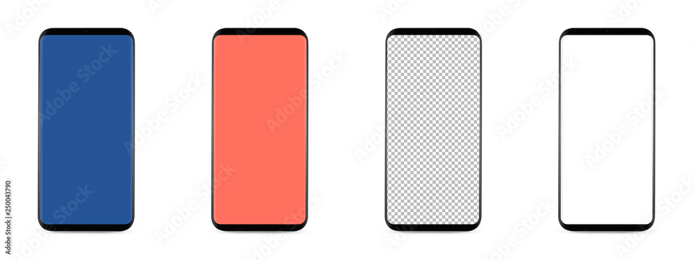 set of 4 bezel-less smartphones with blank transparent screen, isolated on white background . Screen is cut out with path set of 4 bezel-less smartphones with blank transparent screen, isolated on white background . Screen is cut out with path