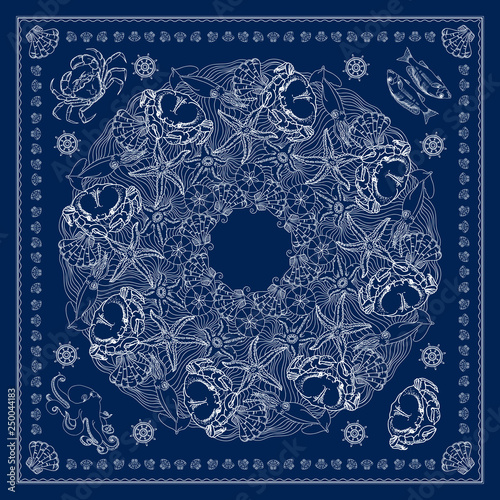 Bandana square pattern. Vector marine-themed illustration on blue.