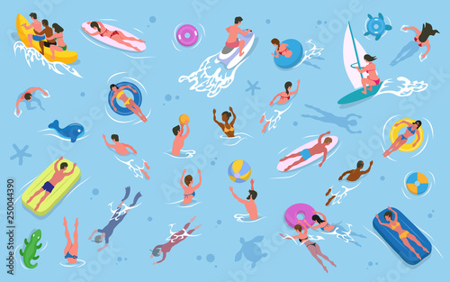 Summer recreation, men and women swimming in water vector. Girls and guys in swimsuits, inflatable mattress and rings, surfboard and sailboard, waterbike
