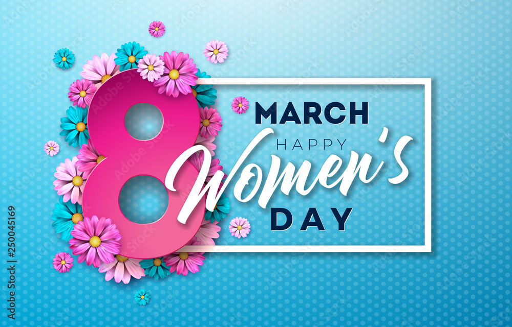 Fototapeta premium 8 March. Happy Womens Day Floral Greeting card. International Holiday Illustration with Flower Design on Blue Background. Vector Spring Celebration Template.