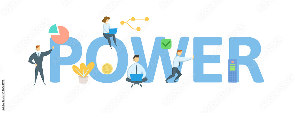 POWER. Concept with people, letters and icons. Colored flat vector illustration. Isolated on white background.