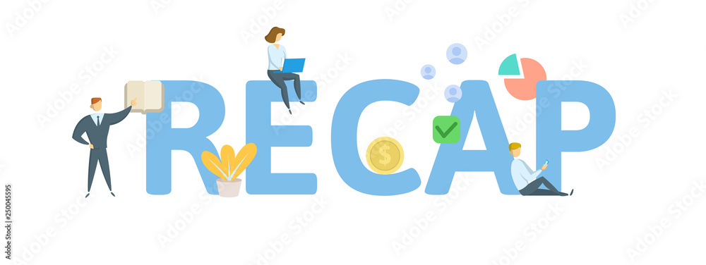 RECAP. Concept with people, letters and icons. Colored flat vector illustration. Isolated on white background.