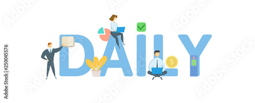DAILY. Concept with people, letters and icons. Colored flat vector illustration. Isolated on white background.