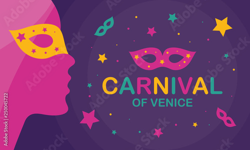 The Carnival of Venice. Annual festival celebrated in Venice, Italy. An important part of the Venetian carnival is the mask and masquerade. Holiday party. Vector poster, card, banner and background