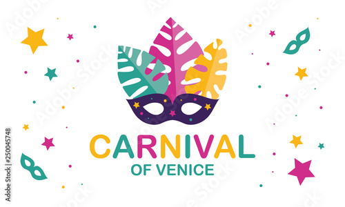 The Carnival of Venice. Annual festival celebrated in Venice, Italy. An important part of the Venetian carnival is the mask and masquerade. Holiday party. Vector poster, card, banner and background