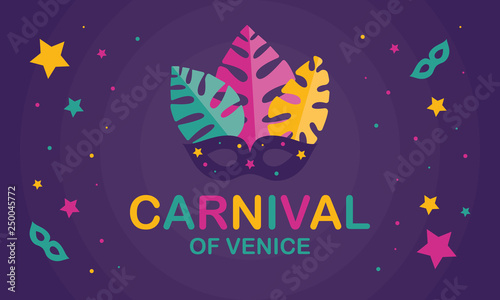 The Carnival of Venice. Annual festival celebrated in Venice, Italy. An important part of the Venetian carnival is the mask and masquerade. Holiday party. Vector poster, card, banner and background