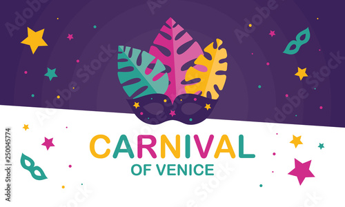 The Carnival of Venice. Annual festival celebrated in Venice, Italy. An important part of the Venetian carnival is the mask and masquerade. Holiday party. Vector poster, card, banner and background