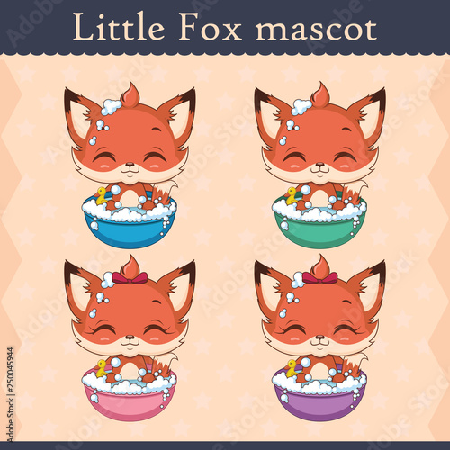 Cute baby fox mascot set - bathing pose