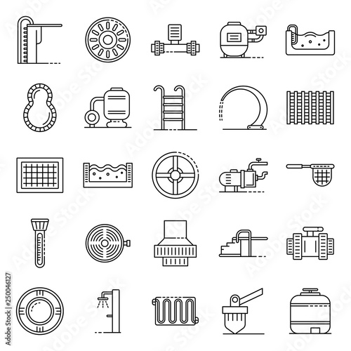 Pool equipment icons set. Outline set of pool equipment vector icons for web design isolated on white background