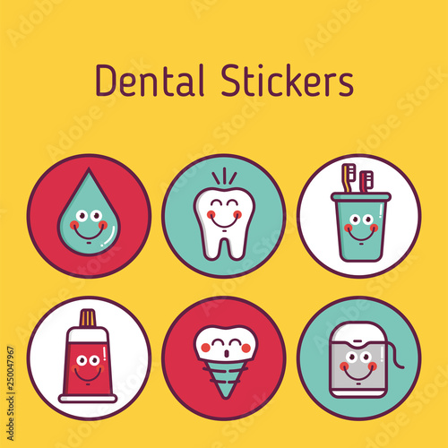 Kids oral care vector set. Dental hygiene for child - icons: brushes in glass, teeth, toothpaste, water, denture implant