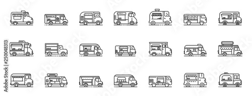 Food truck icons set. Outline set of food truck vector icons for web design isolated on white background